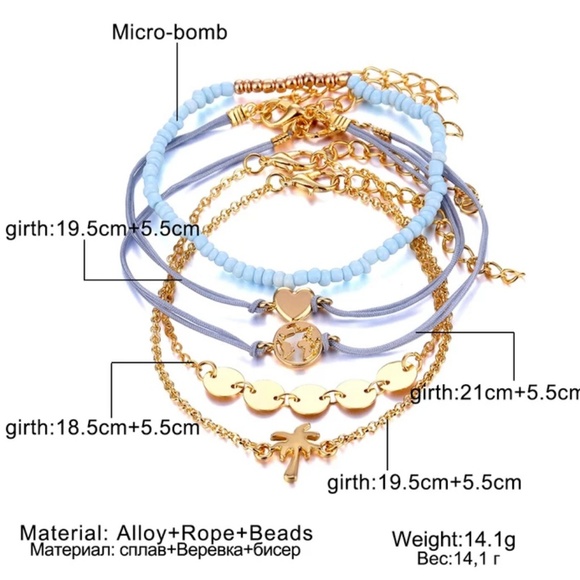 5 Piece Bracelet Anklet Boho Gypsy Charm Set Heart - Picture 4 of 5